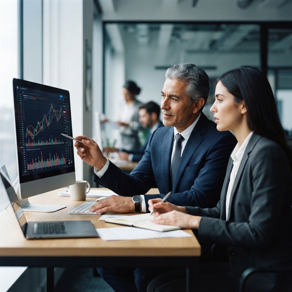 Dos ejecutivos analizando indicadores en una pantalla