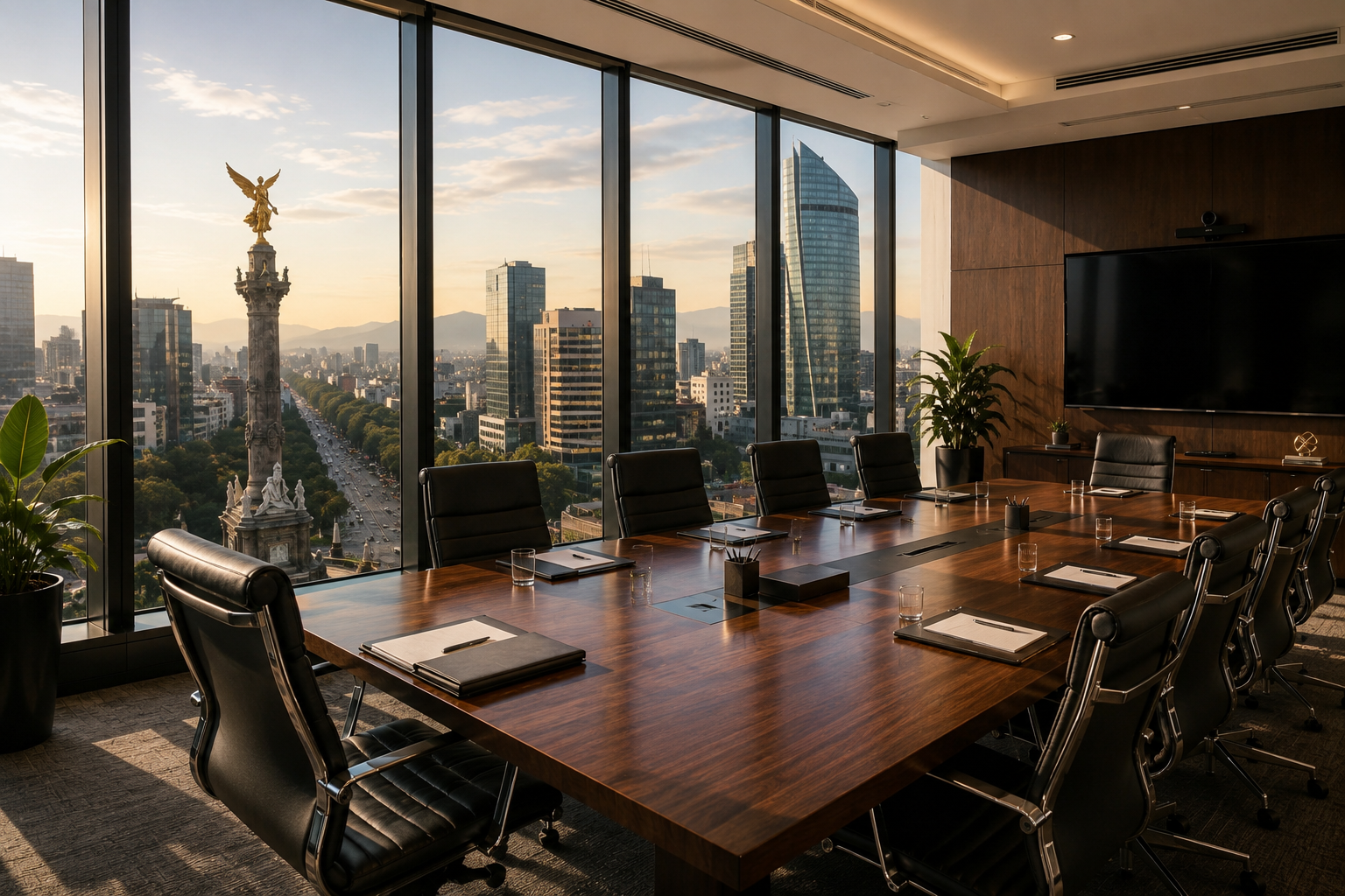 Sala de juntas ejecutiva con vista panorámica a la Ciudad de México