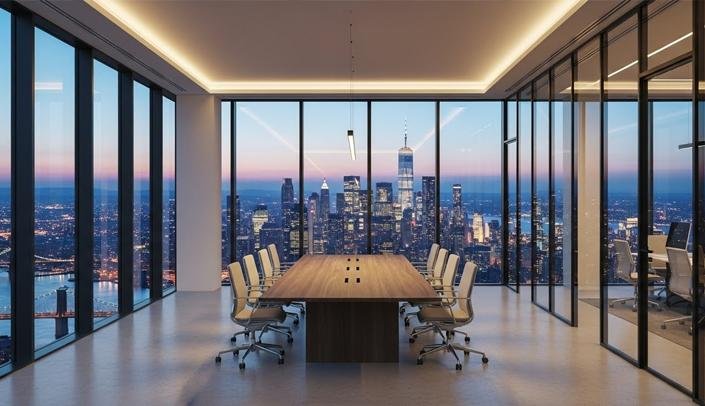 Sala de juntas ejecutiva con vista panorámica a la ciudad al atardecer