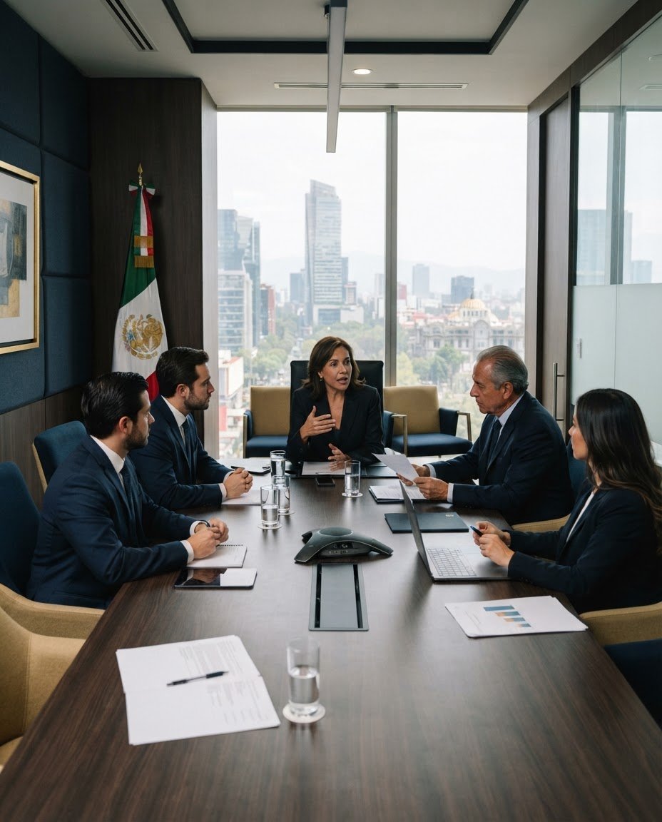 Equipo directivo en reunión de trabajo analizando la cartera