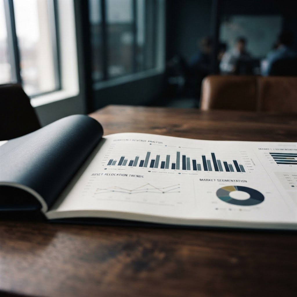 Reporte con gráficas financieras sobre una mesa de juntas
