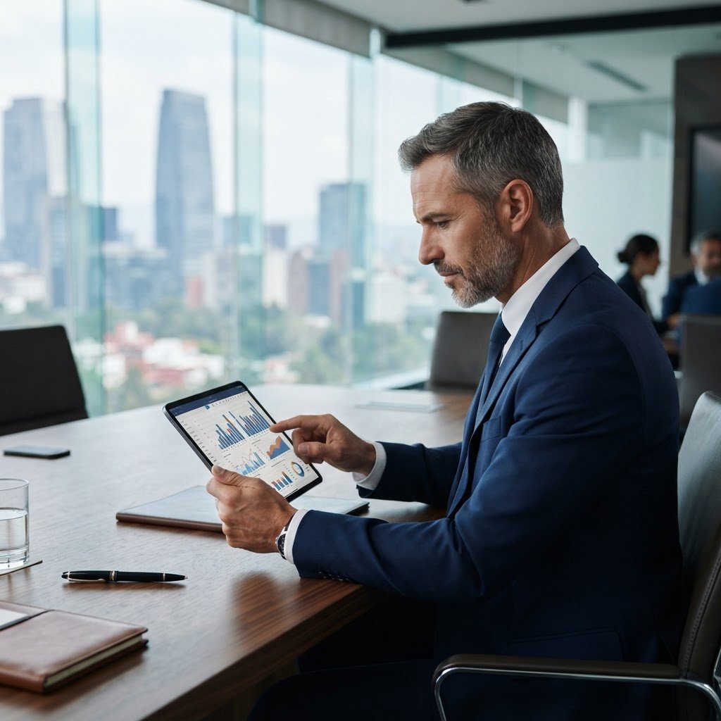 Directivo revisando indicadores financieros en una tableta