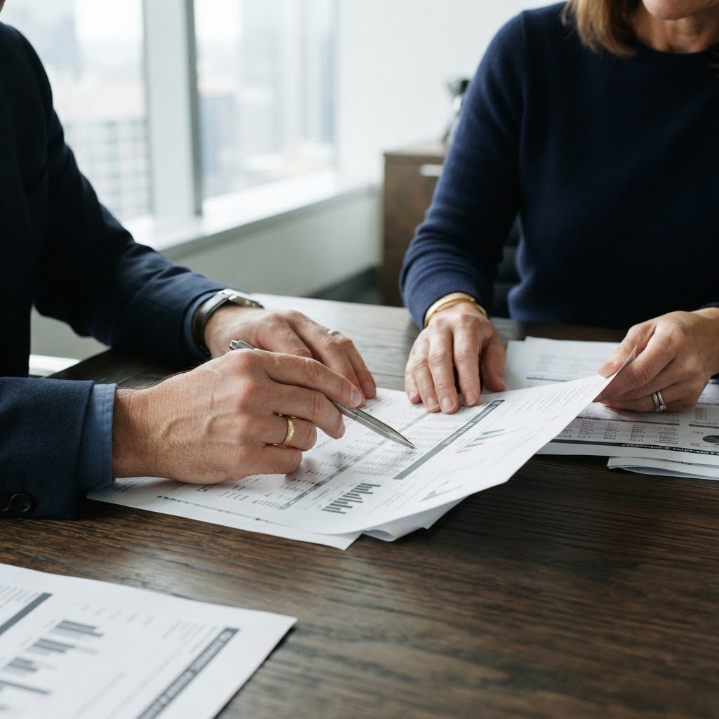 Dos profesionales revisando reportes financieros sobre una mesa
